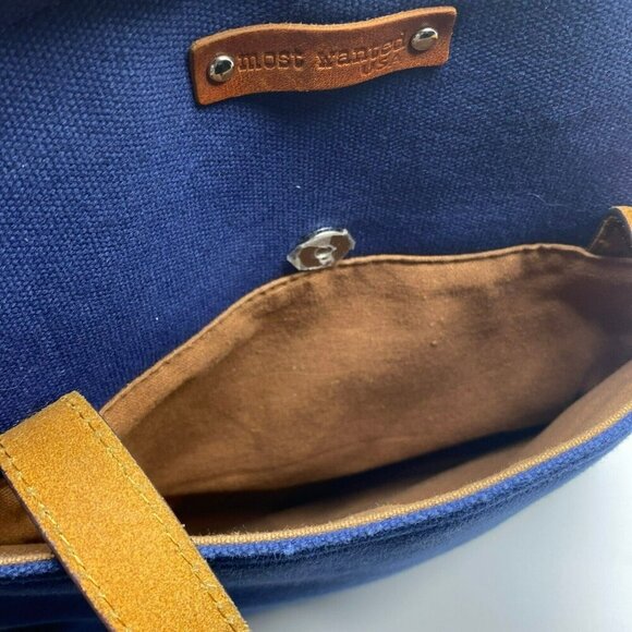 Navy Canvas Tote Bag Full Purse Grain Brown Leather Accents by Most Wanted USA - Picture 9 of 12